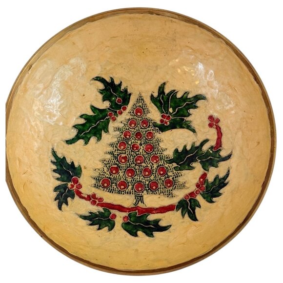 Vintage Enamel Cloisonne Christmas Tree Bowl 9" Holly Handcrafted Brass Pedestal - Picture 4 of 6